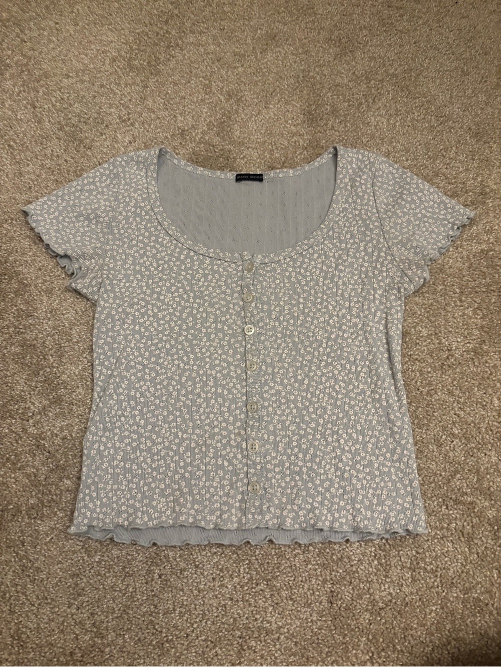 Light Blue Floral Button-Front Scoop Neck Top